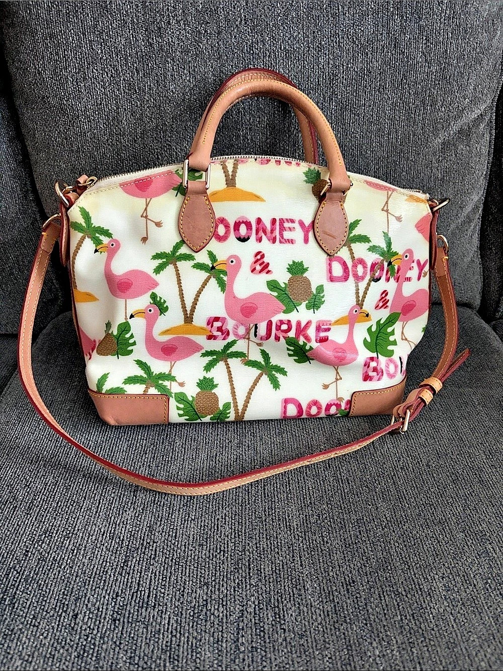 Dooney & Bourke Flamingo Print Satchel in White & Pink